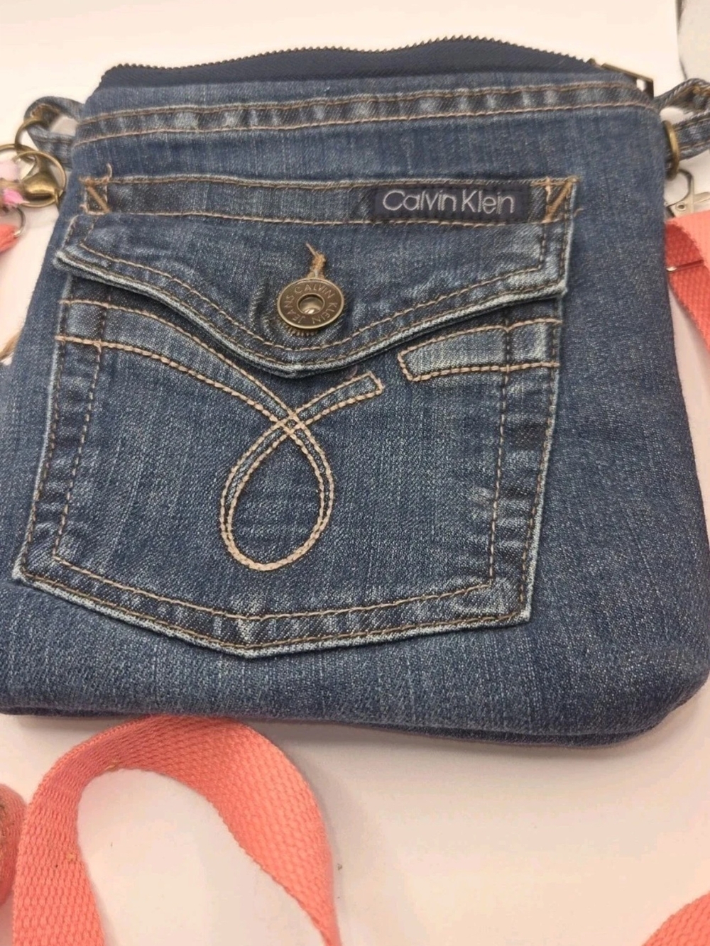 Calvin Klein Blue Denim Crossbody Bag with Pink Strap